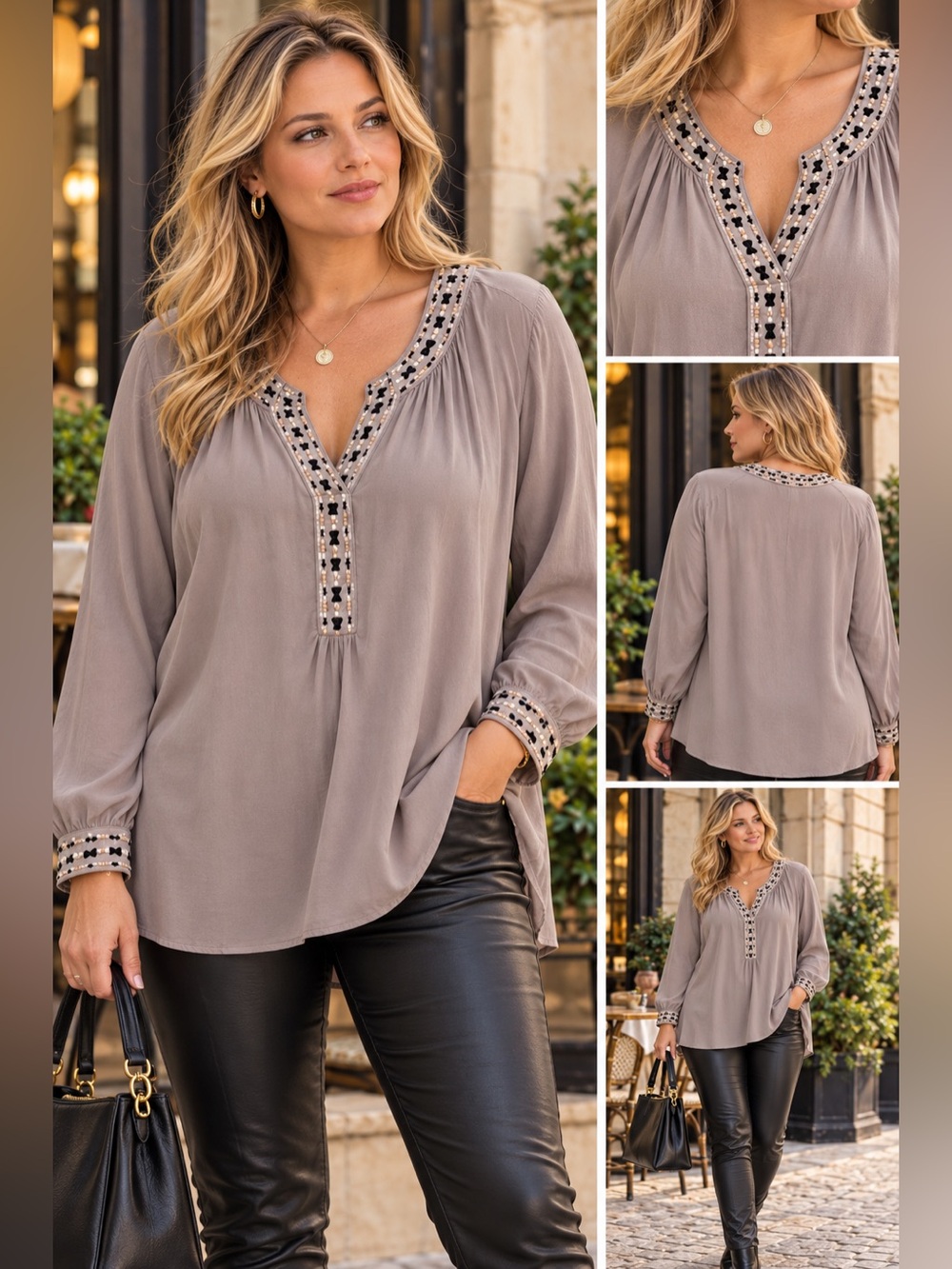 Spense Taupe Embellished V-Neck Tunic